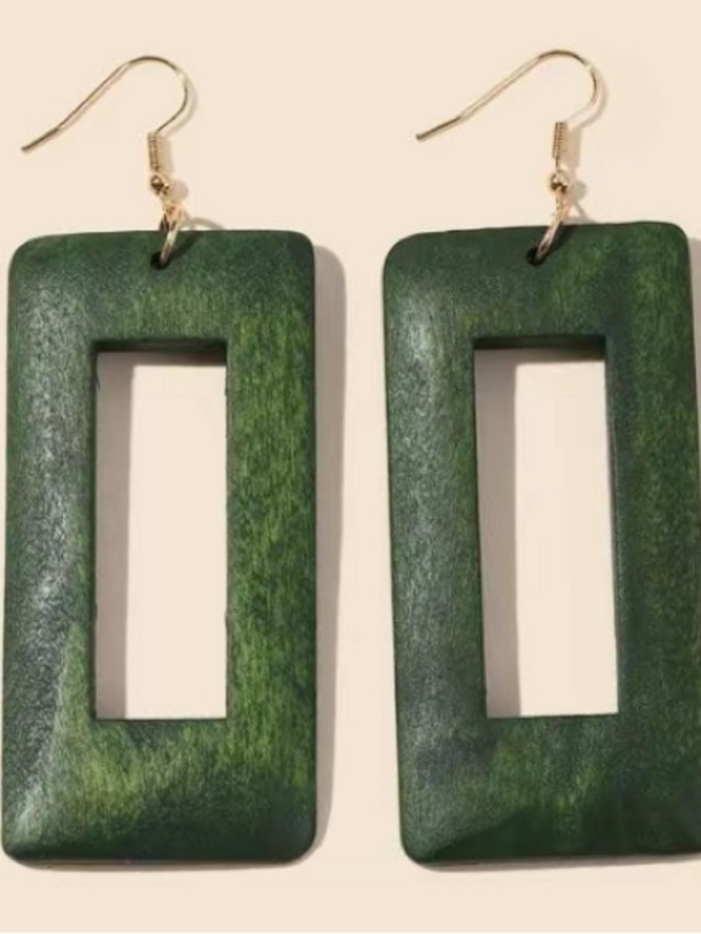Green Rectangular Wood Cutout Earrings with Gold Hooks